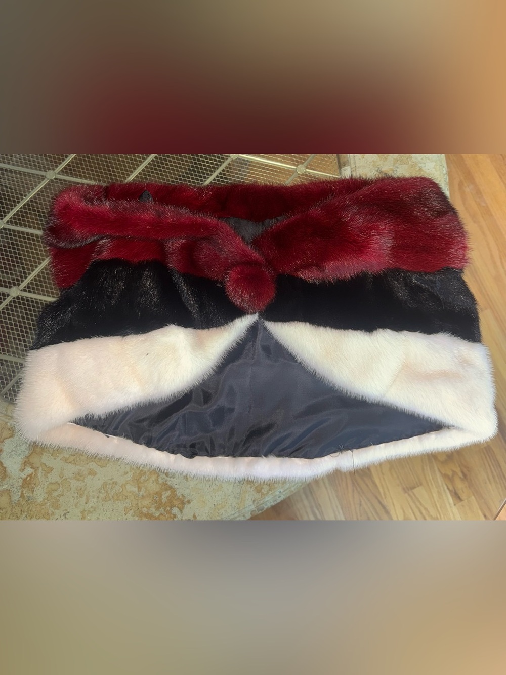 Plush Colorblock Faux Fur Cape - Burgundy, Black & Cream